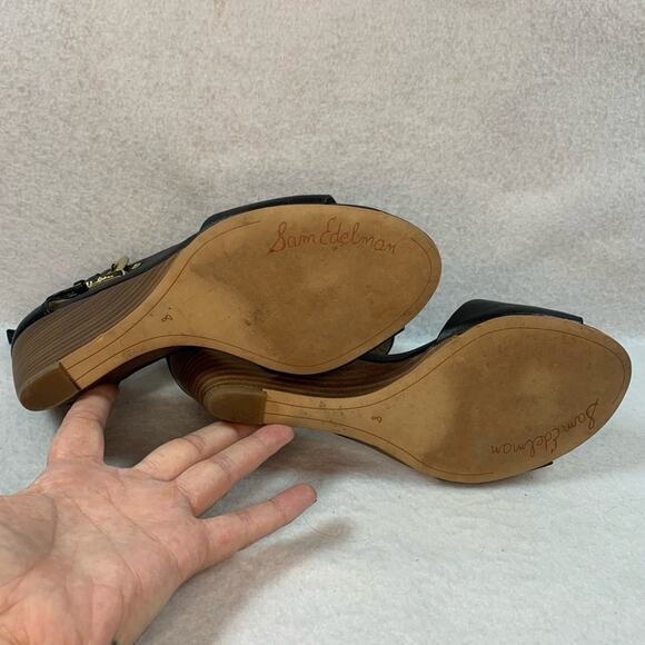SAM EDELMAN Suzanna Leather Peep Toe Wedge Sandal Sz 8 Double Buckle Straps - Picture 11 of 13